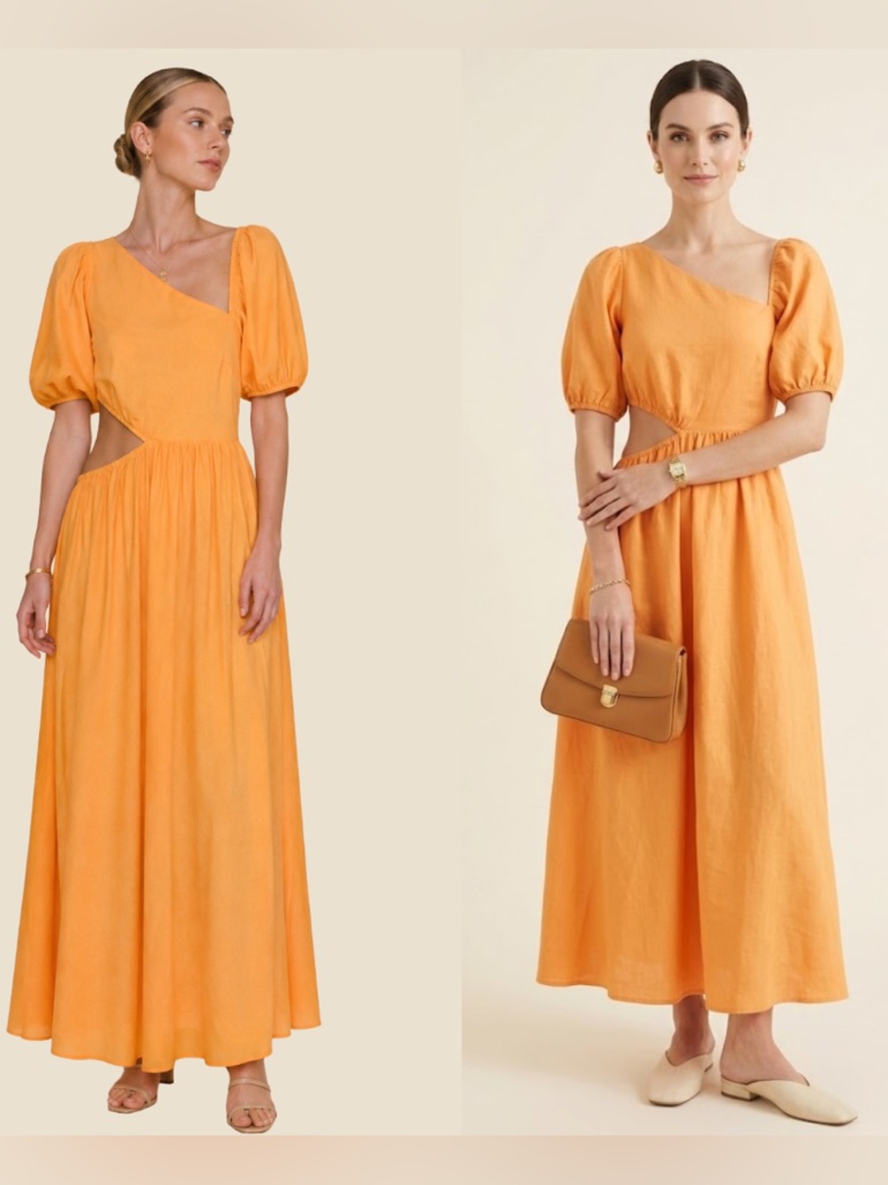 Linen Cotton Puff Sleeves Maxi Dress Orange Boho Cottage Resort Wedding Aline 12